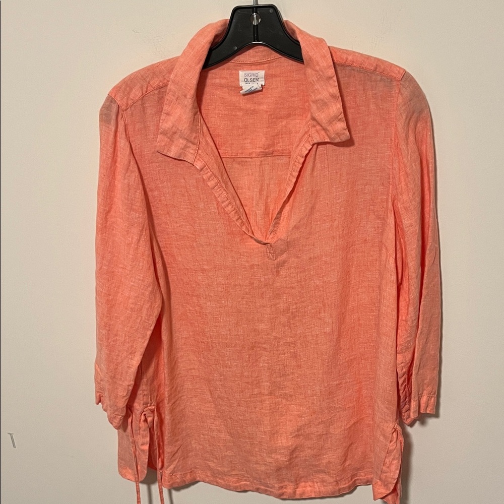Sigrid Olsen Coral V-Neck Linen Blouse